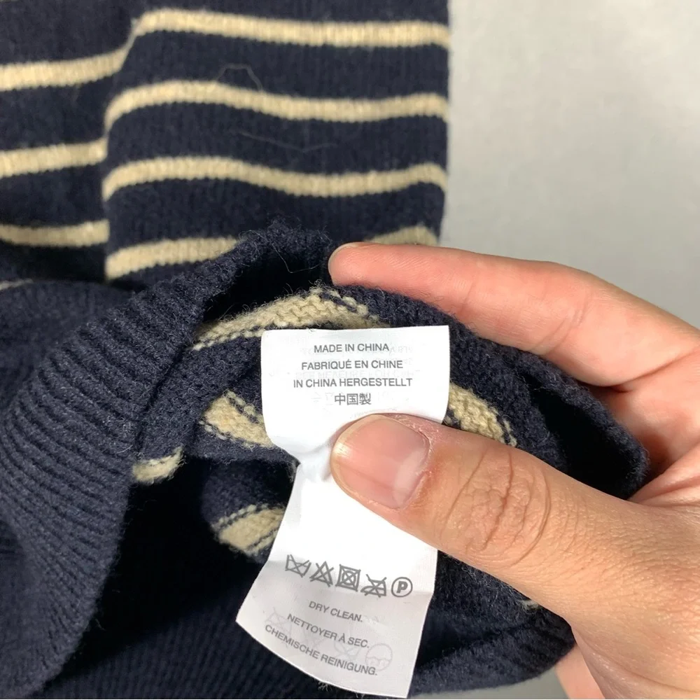 J.Crew Sweater Mens Large Navy Blue Striped Lambs Wool Crew Neck Long Sleeve